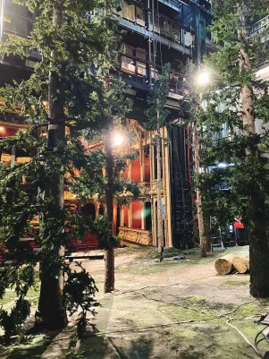 Mitten im Bühnenbild von "Woyzeck" sind links einige Bäume zu erkennen, rechts scheint das Portal der Bühne durch. 