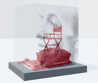 Ein 3D-Modell der Skulptur für Helene Weigel. In einem Glaswürfel ist ein Regiestuhl auf einem Haufen zu erkennen, außen zeichnet sich das Gesicht Weigels ab. 